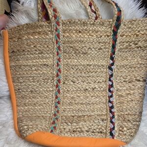 5B Style Jute Tote Bag Large Orange Multicolored Woven